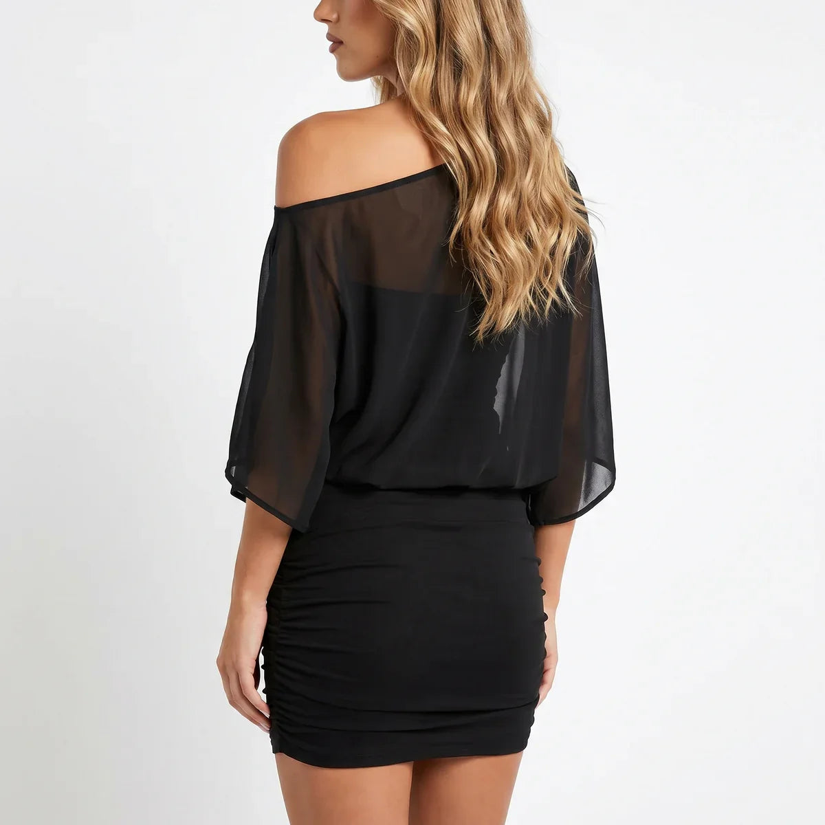 Women's Off-Shoulder Ruched Mini Dress – Chiffon Sleeves