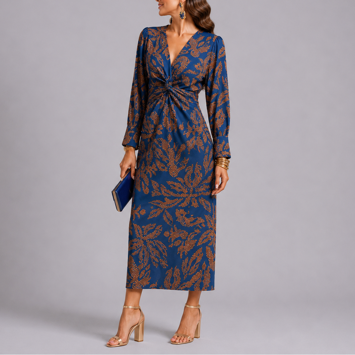 Bohemian Floral Twist Midi Dress – Elegant Occasion Wear UK