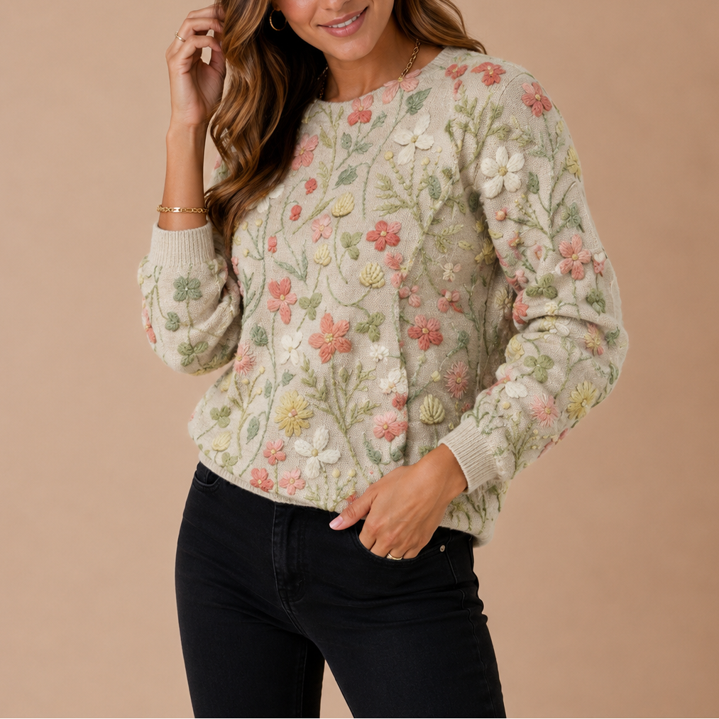 Women’s Floral Knit Jumper – Embroidered Flower Jumper – Cosy Autumn Essential