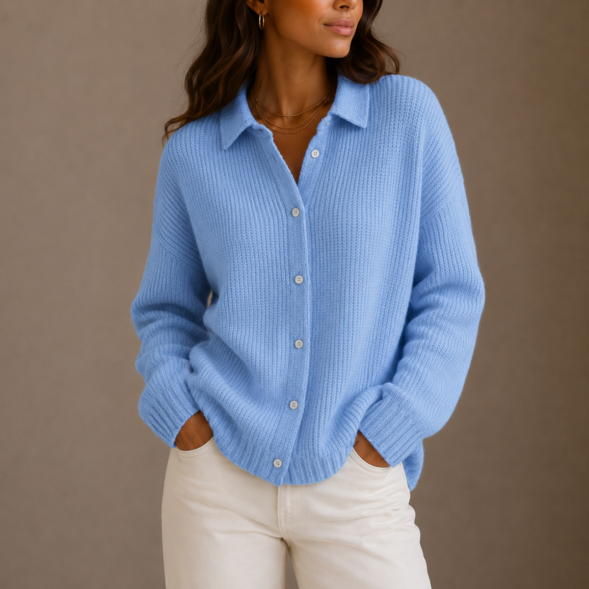 Women’s Knit Cardigan – Collared Button-Up Relaxed Fit – Cosy Knitwear for Women