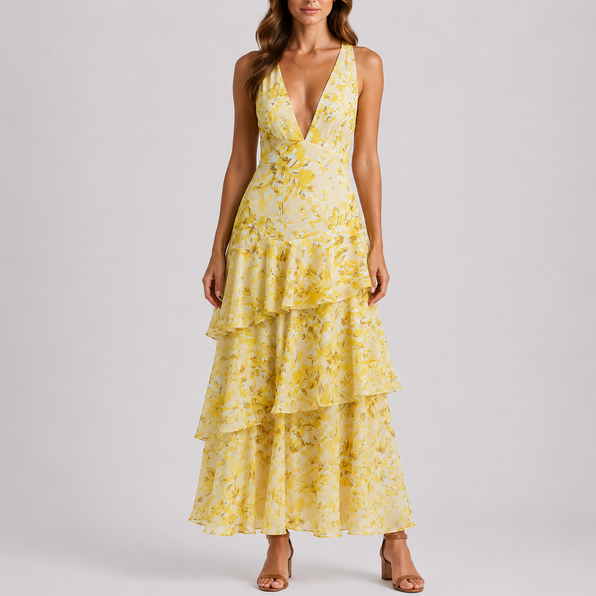 Women's Floral Maxi Dress with Deep V-Neck and Open Back – Effortless Everyday Style