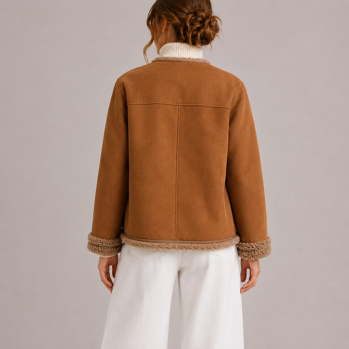 Women’s Faux Suede Autumn Jacket with Shearling Trim – Lightweight Autumn Layer