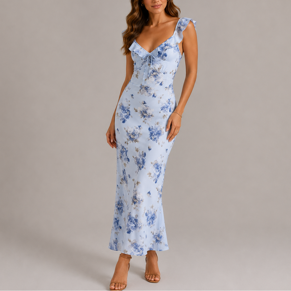 Women's Floral Ruffle Strap Maxi Dress