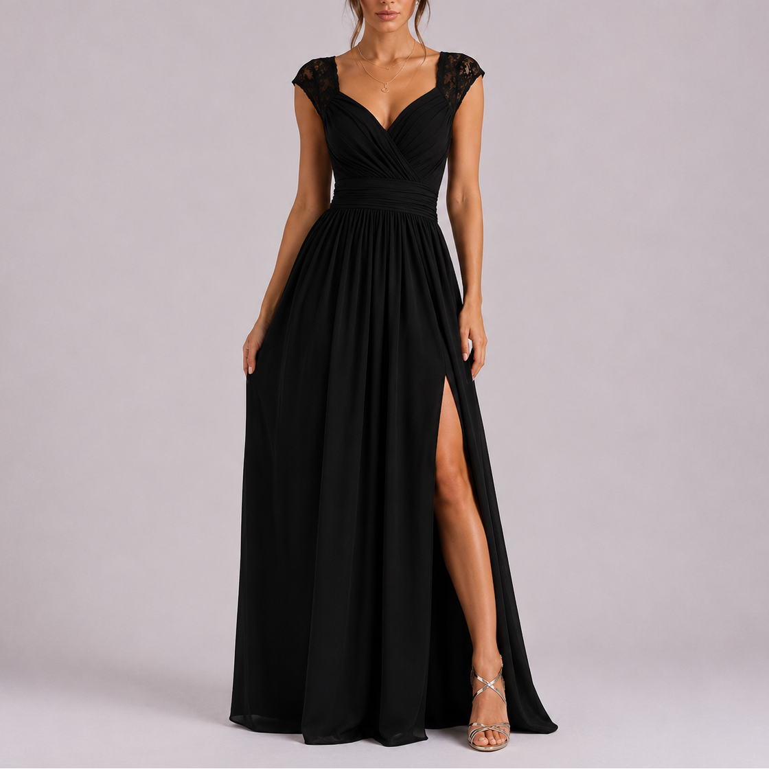 Women’s Stylish Lace Shoulder Maxi Dress with Side Slit – Elegant Occasion Wear UK