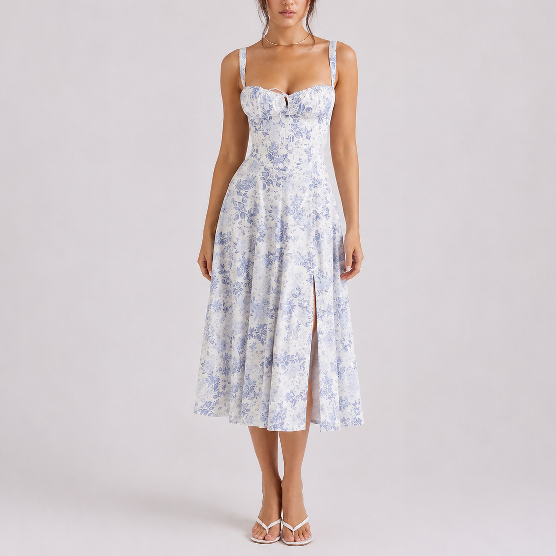 Women’s Stylish Corset Midi Dress with Ruched Bust – Effortless Everyday Style