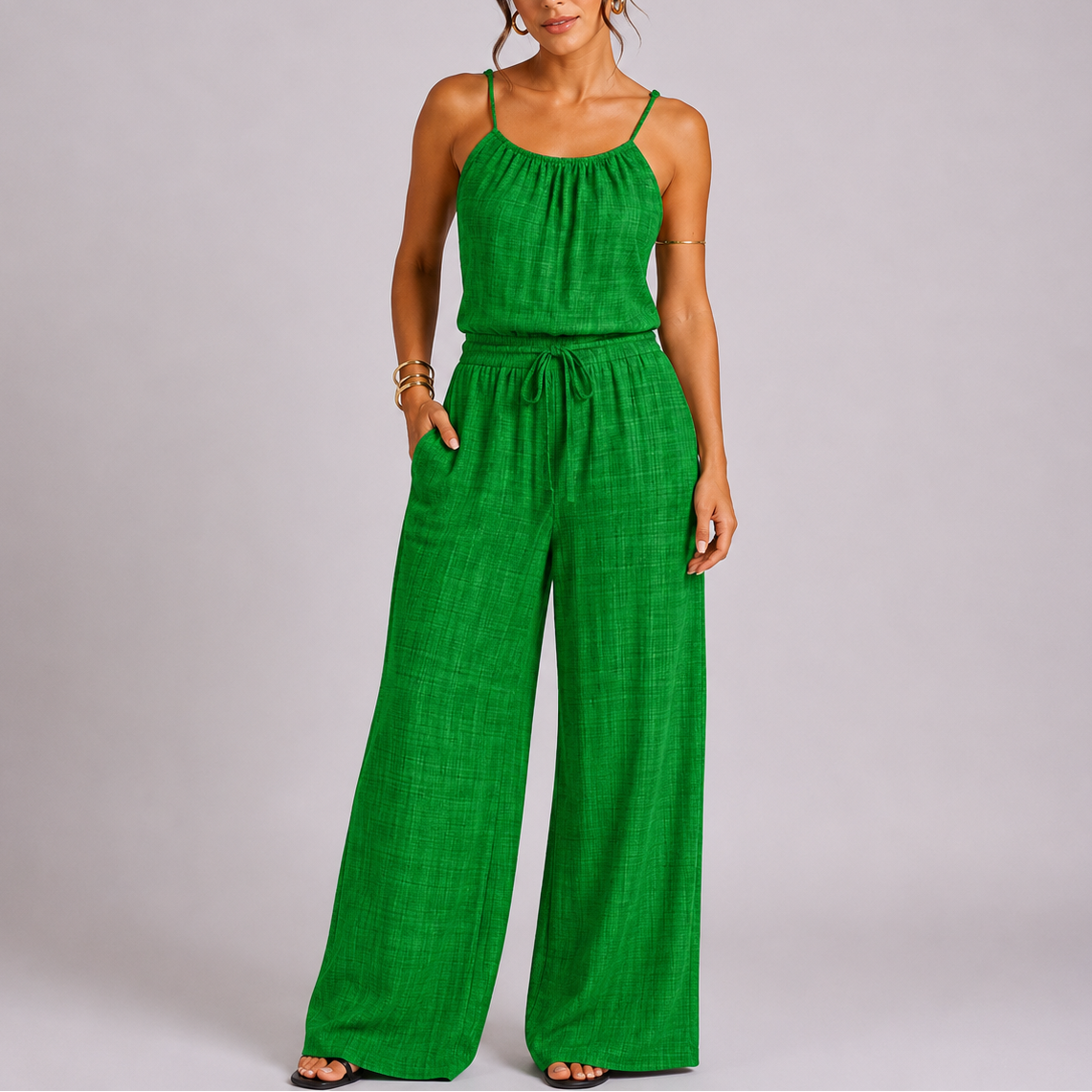 Women’s Everyday Spaghetti Strap Wide Leg Jumpsuit with Drawstring Waist – Coordinated Outfit for Women