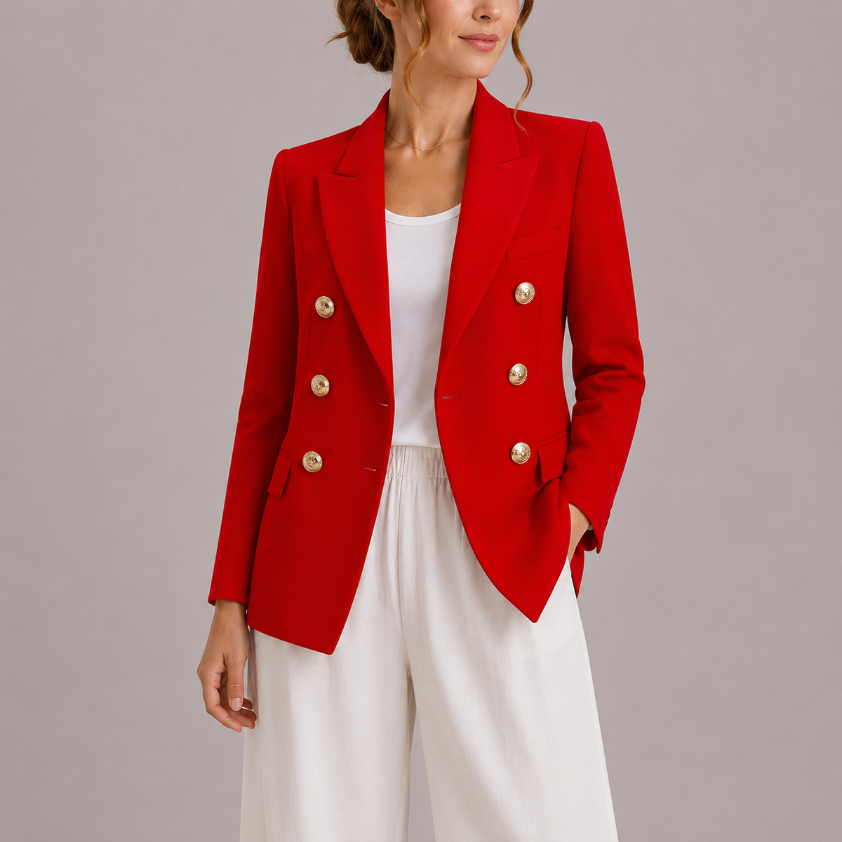Women's Elegant Double-Breasted Blazer with Gold Buttons – Timeless Tailored Outerwear