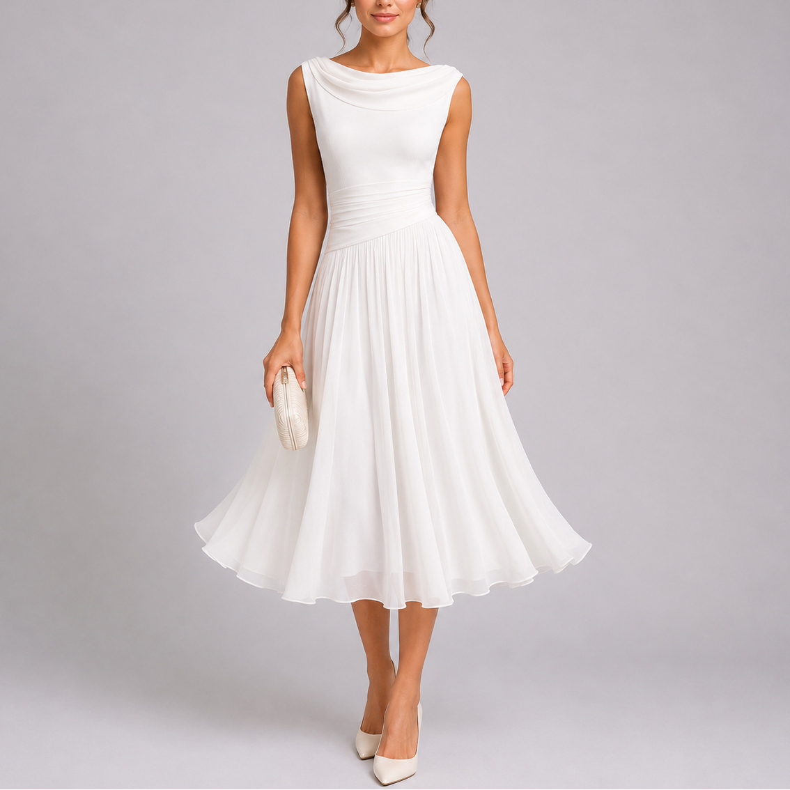 Women's Stylish Pleated Midi Dress with Draped Neckline – Elegant Occasion Wear UK
