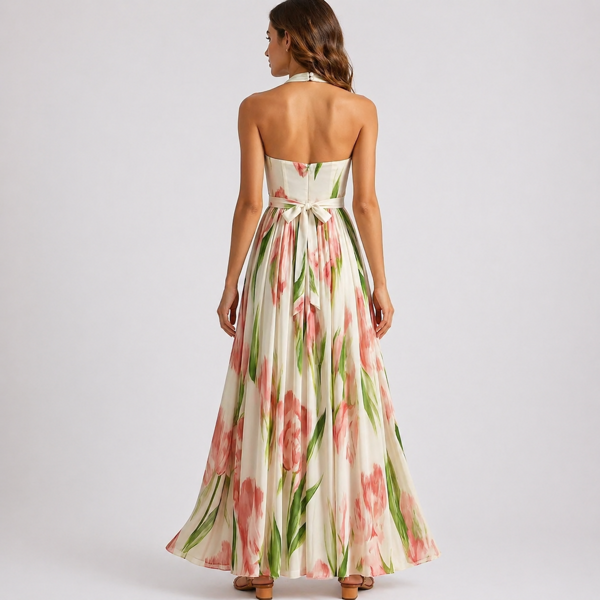 Women’s Halter Neck Floral Maxi Dress with Watercolour Print – Effortless Everyday Style