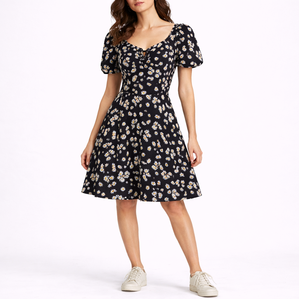 Women’s Short Sleeve Floral Midi Dress – Flattering Fit for Women