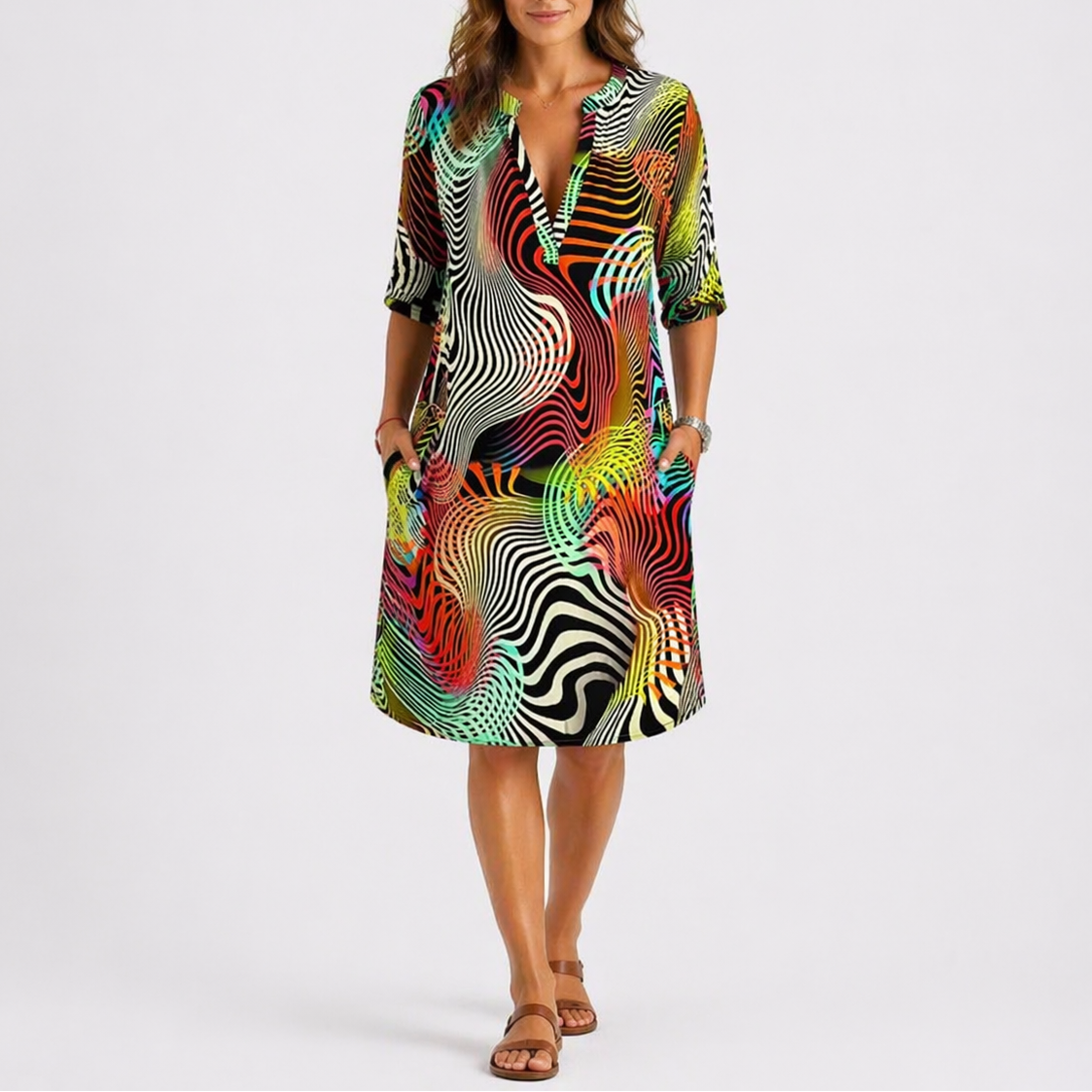 Women’s Abstract Print Midi Dress – Lightweight Fabric – Effortless Everyday Style