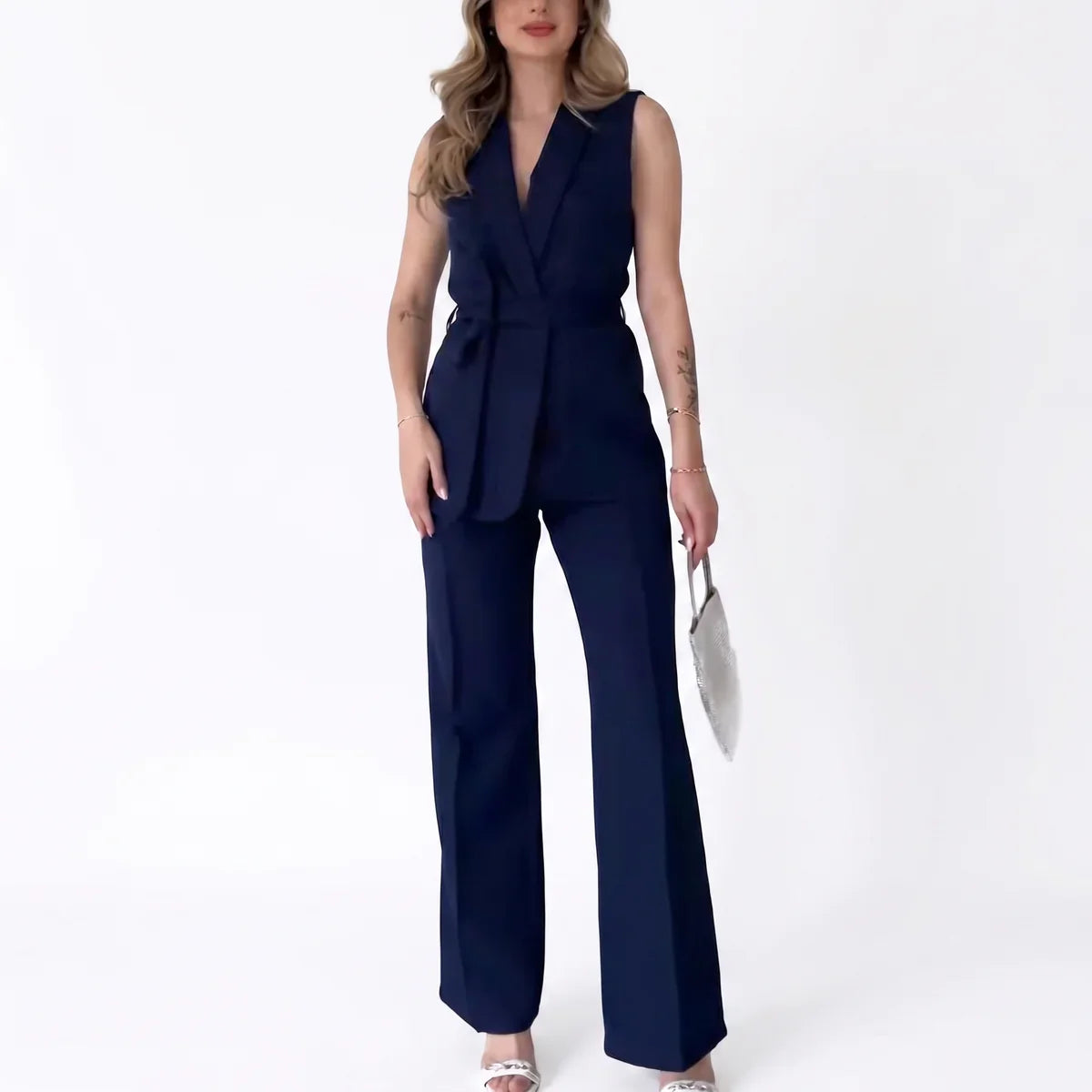 Women's Tailored Two-Piece Suit Set with Belt – Effortless Occasion Wear