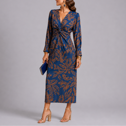 Bohemian Floral Twist Midi Dress – Elegant Occasion Wear UK