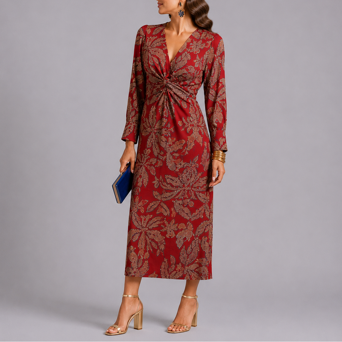 Bohemian Floral Twist Midi Dress – Elegant Occasion Wear UK