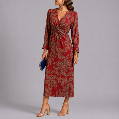 Bohemian Floral Twist Midi Dress – Elegant Occasion Wear UK