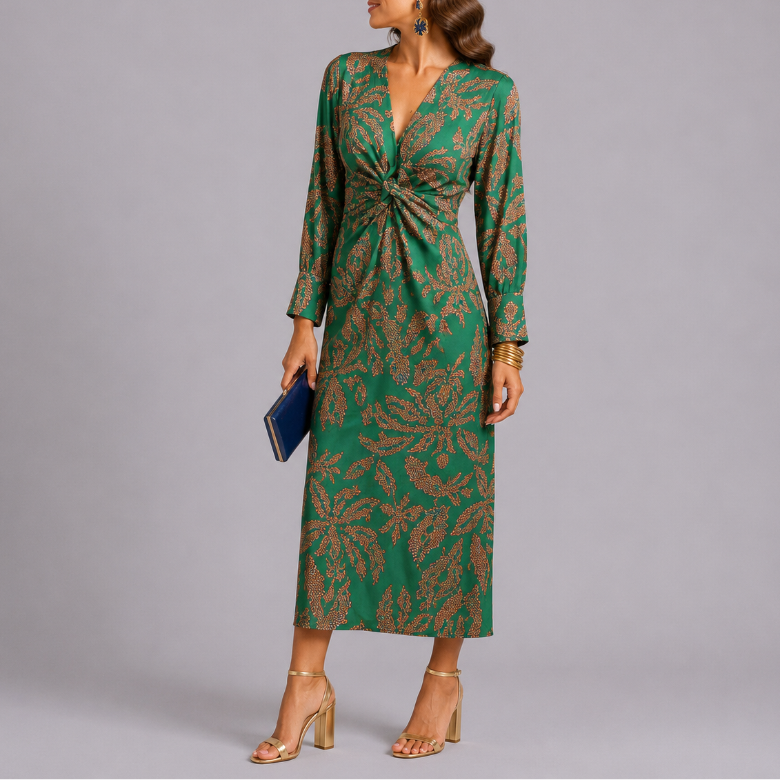 Bohemian Floral Twist Midi Dress – Elegant Occasion Wear UK