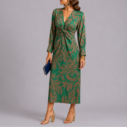 Bohemian Floral Twist Midi Dress – Elegant Occasion Wear UK