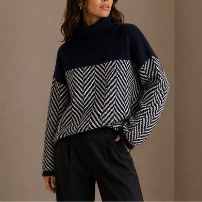 Women’s Herringbone Turtleneck Jumper – Oversized Winter Knit Jumper – Soft Everyday Jumper for Women