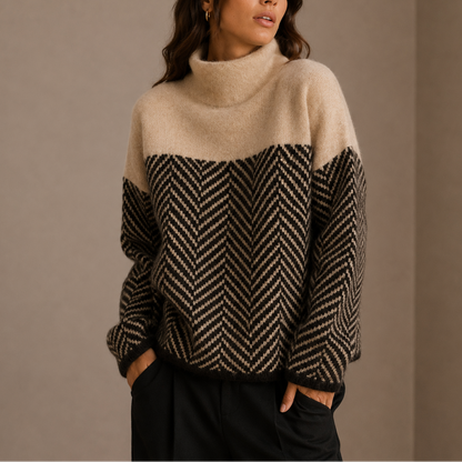 Women’s Herringbone Turtleneck Jumper – Oversized Winter Knit Jumper – Soft Everyday Jumper for Women