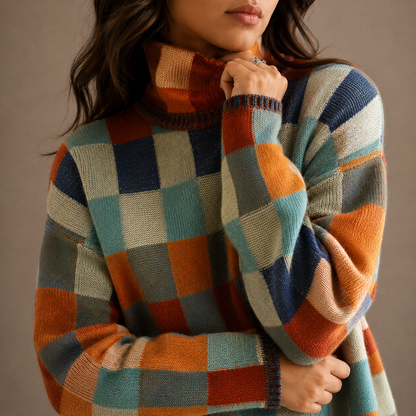 Women’s Chequered Turtleneck Jumper – Oversized Winter Knit Jumper – Cosy Autumn Essential