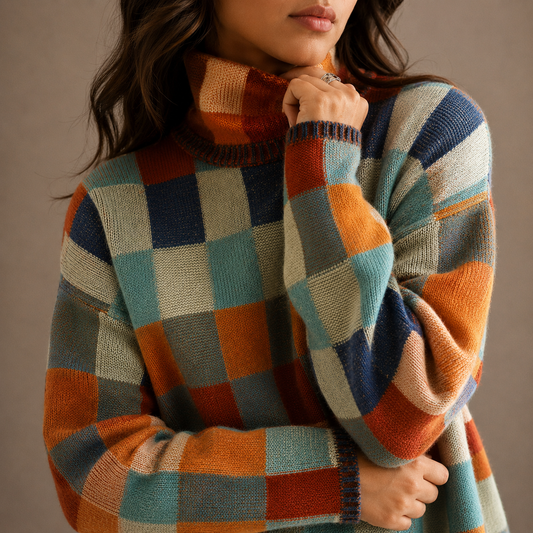 Women’s Chequered Turtleneck Jumper – Oversized Winter Knit Jumper – Cosy Autumn Essential