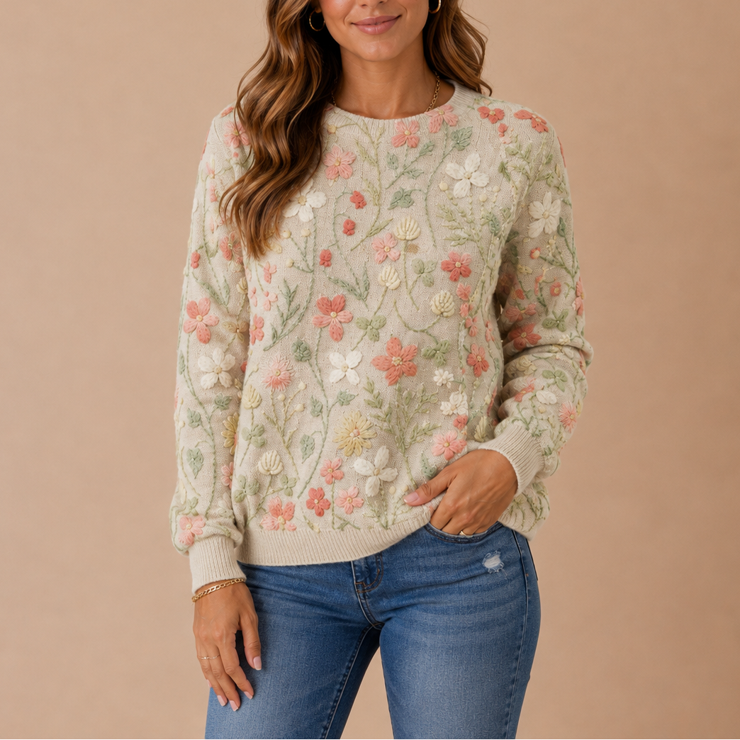 Women’s Floral Knit Jumper – Embroidered Flower Jumper – Cosy Autumn Essential