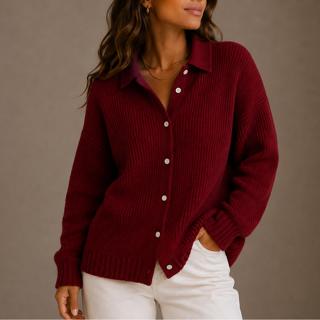 Women’s Knit Cardigan – Collared Button-Up Relaxed Fit – Cosy Knitwear for Women