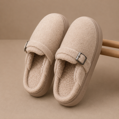 Women’s Warm Fleece Slippers – Buckle Cushioned House Shoes – Warm Indoor Footwear