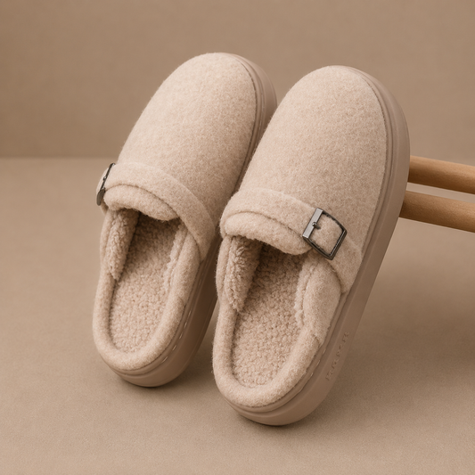 Women’s Warm Fleece Slippers – Buckle Cushioned House Shoes – Warm Indoor Footwear