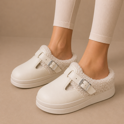Women’s Fleece Lined Slippers – Cushioned Buckle Slip-On Shoes – Comfortable Home Slippers for Women