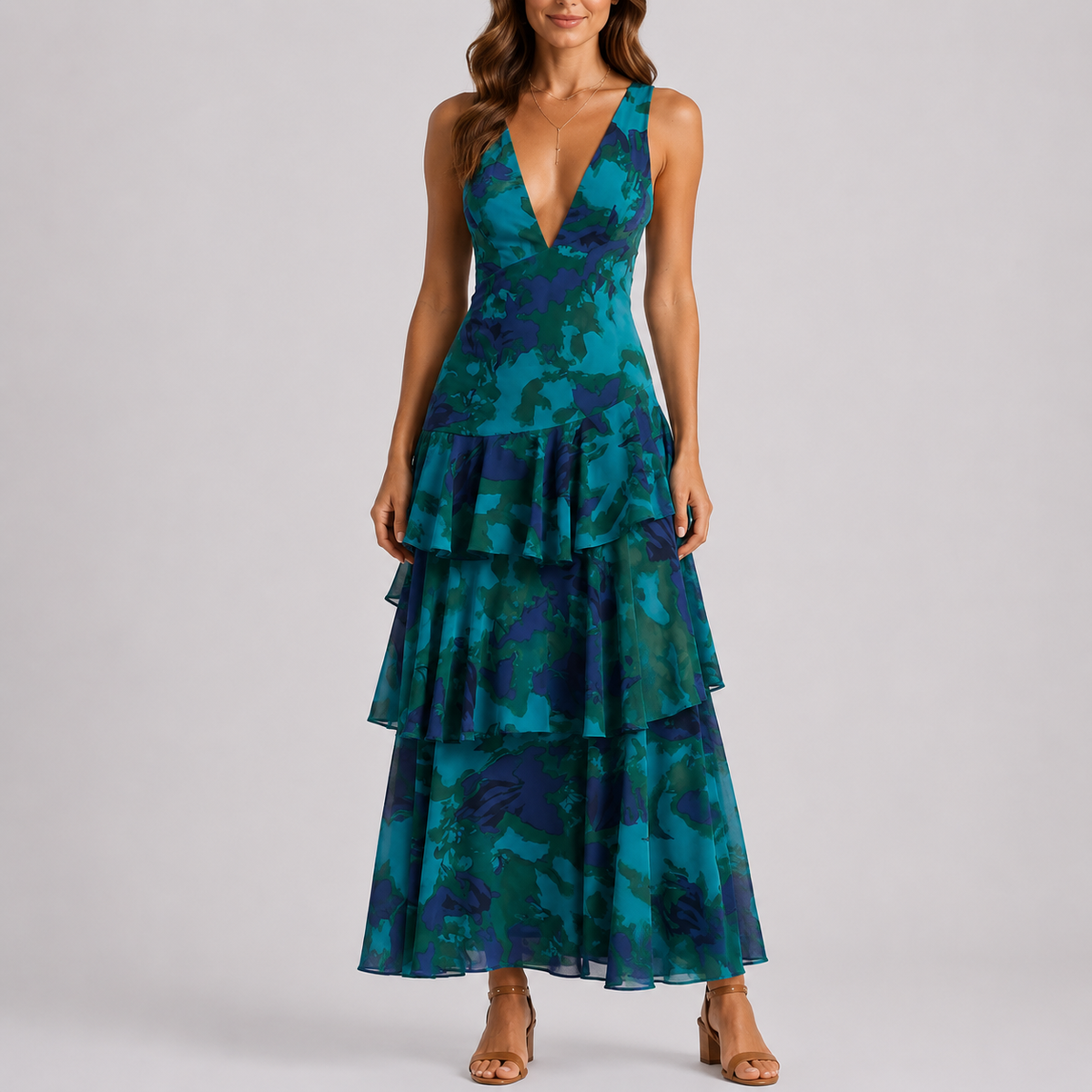 Women's Floral Maxi Dress with Deep V-Neck and Open Back – Effortless Everyday Style