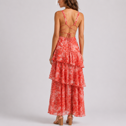 Women's Floral Maxi Dress with Deep V-Neck and Open Back – Effortless Everyday Style