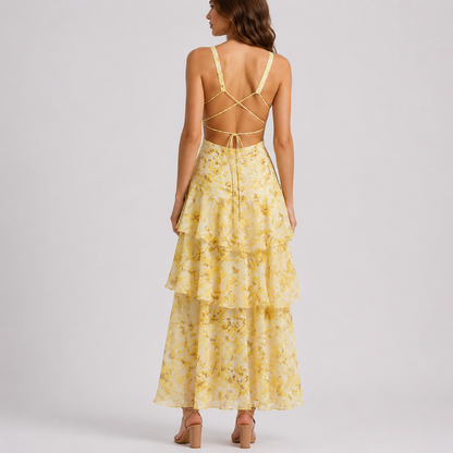 Women's Floral Maxi Dress with Deep V-Neck and Open Back – Effortless Everyday Style