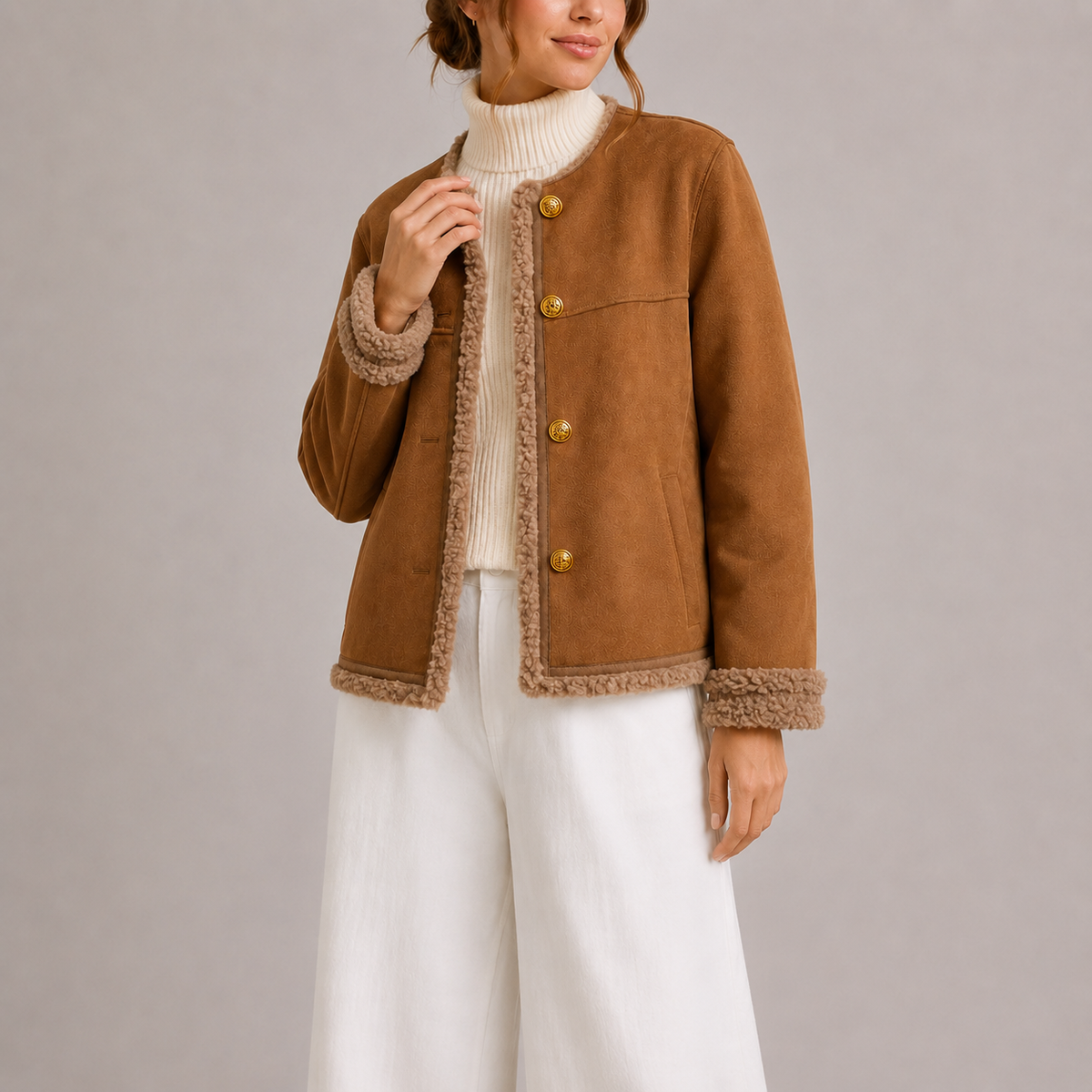 Women’s Faux Suede Autumn Jacket with Shearling Trim – Lightweight Autumn Layer