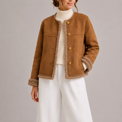 Women’s Faux Suede Autumn Jacket with Shearling Trim – Lightweight Autumn Layer
