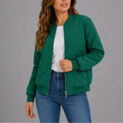 Women's Classic Quilted Bomber Jacket with Pockets