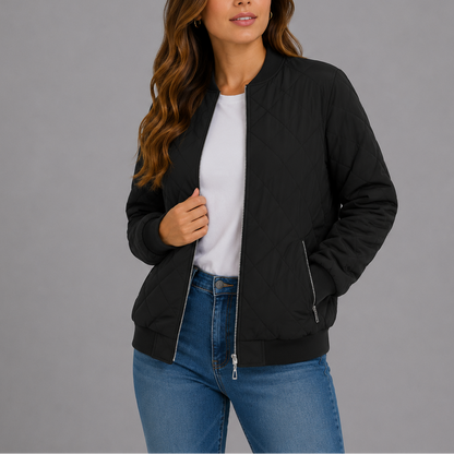 Women's Classic Quilted Bomber Jacket with Pockets