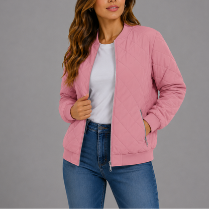 Women's Classic Quilted Bomber Jacket with Pockets
