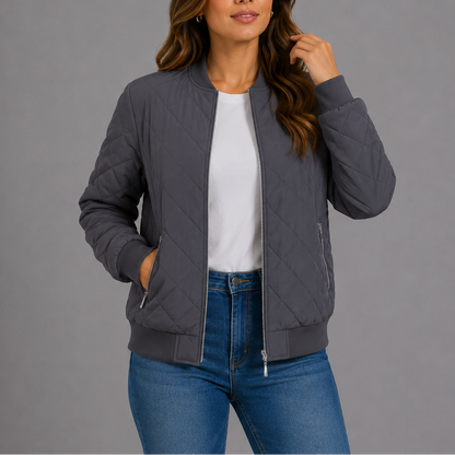 Women's Classic Quilted Bomber Jacket with Pockets