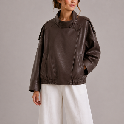 Women's High Collar Faux Leather Bomber Jacket