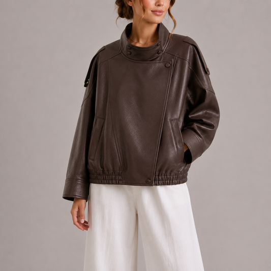 Women's High Collar Faux Leather Bomber Jacket