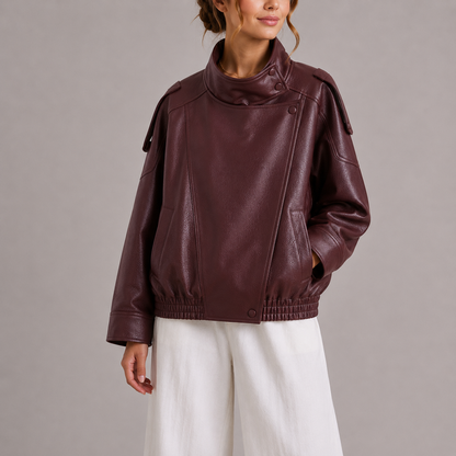 Women's High Collar Faux Leather Bomber Jacket