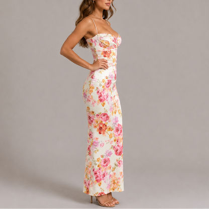 Women's Rose Print Maxi Dress with Spaghetti Straps