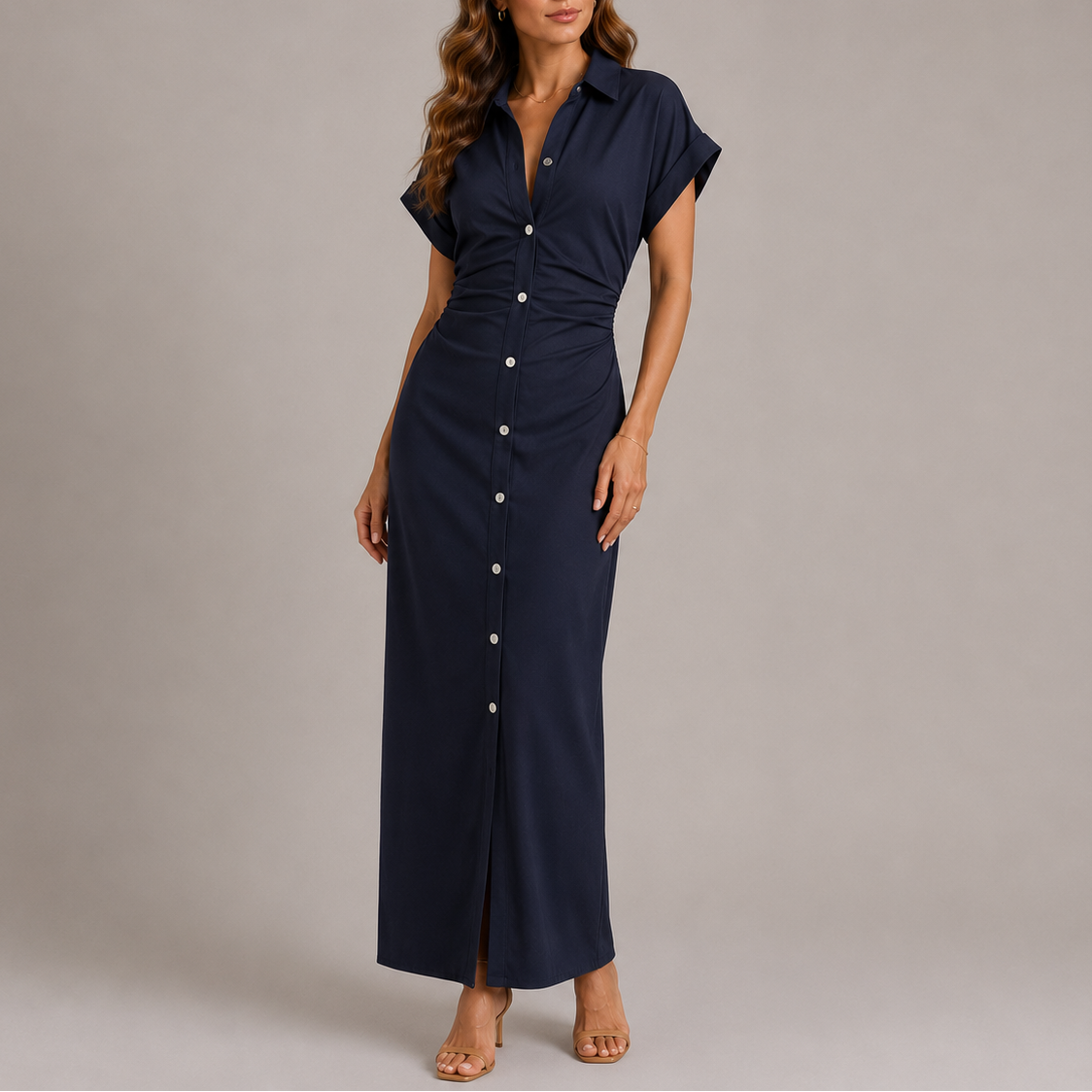 Women's Tailored Denim Midi Dress with Side Zip – Effortless Everyday Style