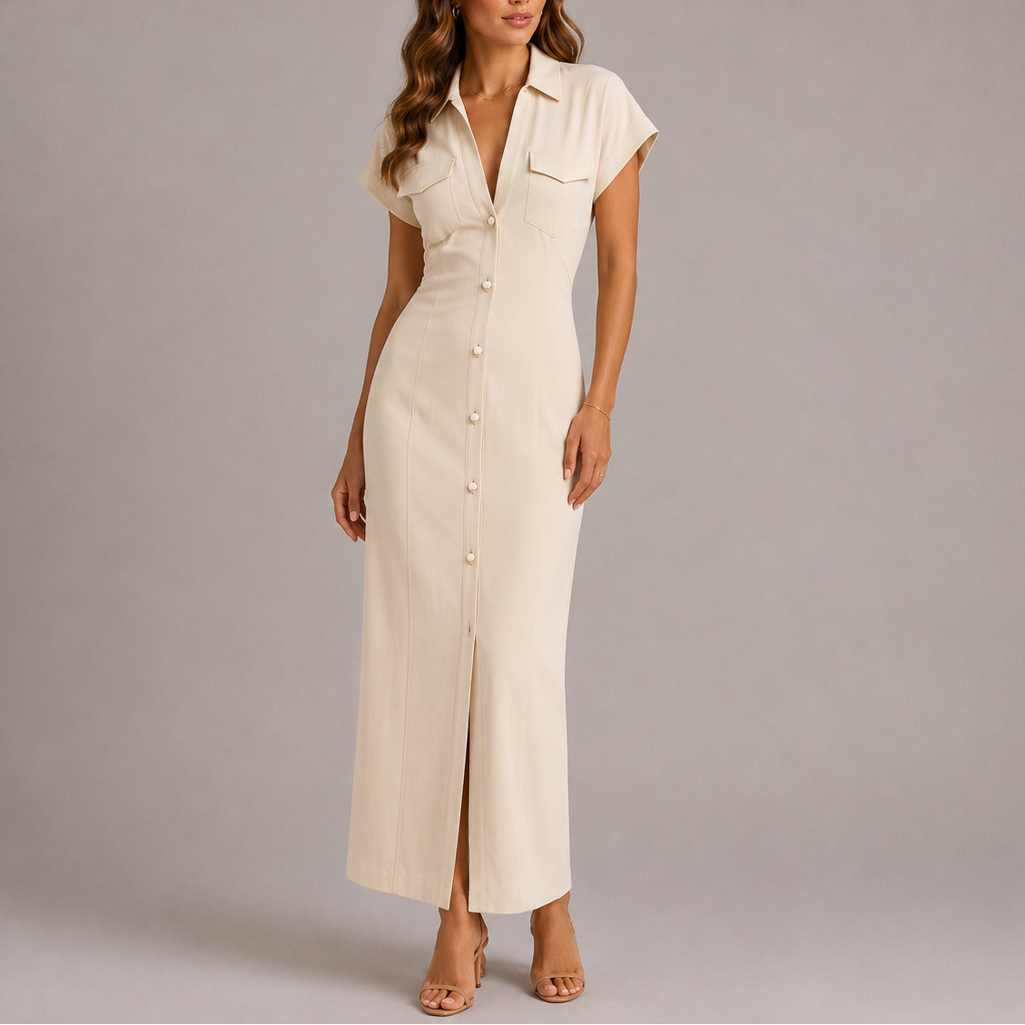 Women's Tailored Denim Midi Dress with Side Zip – Effortless Everyday Style