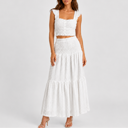 Women's Shirred Co Ord Set Crop Top Maxi Skirt