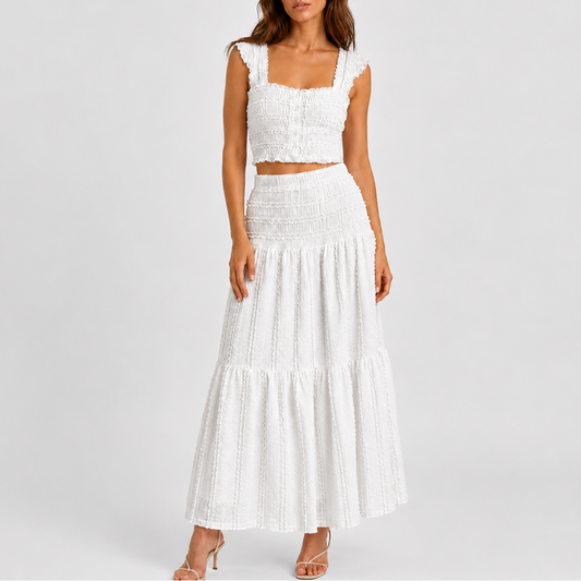 Women's Shirred Co Ord Set Crop Top Maxi Skirt