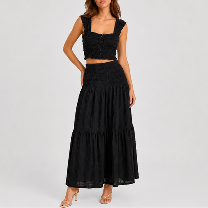 Women's Shirred Co Ord Set Crop Top Maxi Skirt