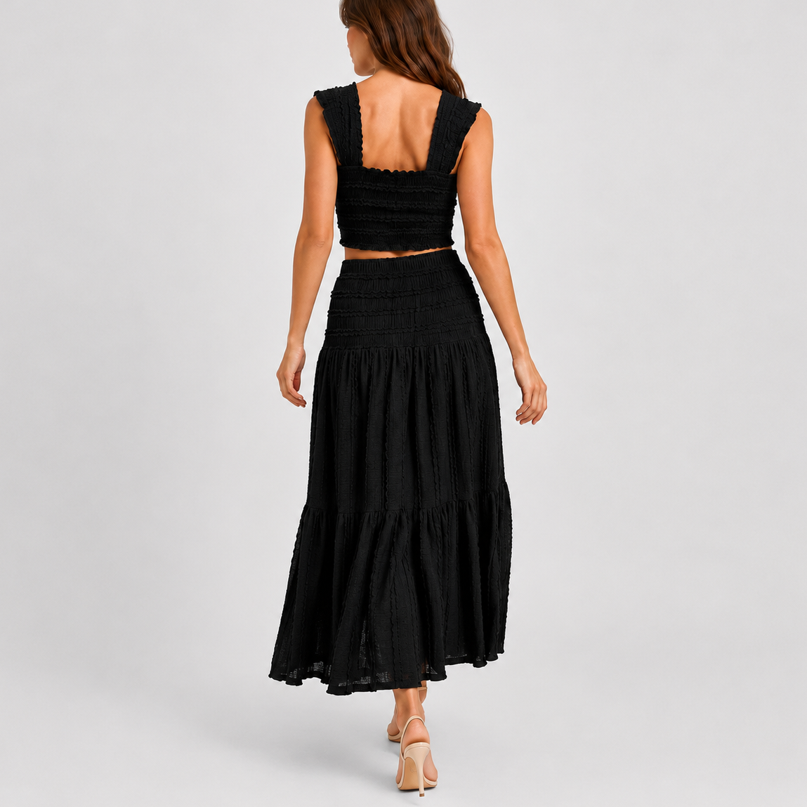 Women's Shirred Co Ord Set Crop Top Maxi Skirt