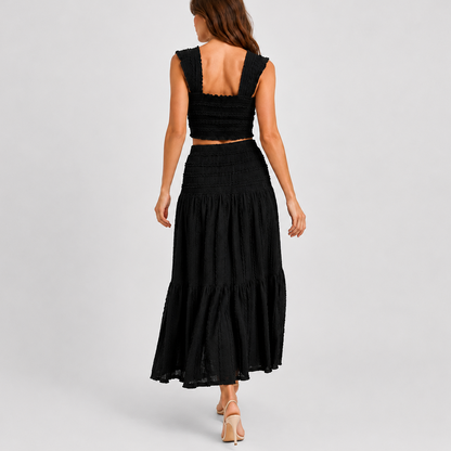 Women's Shirred Co Ord Set Crop Top Maxi Skirt